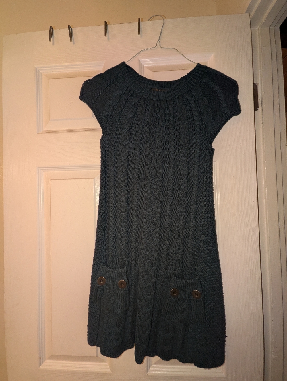 Knit Cable-Front Short-Sleeve Dress in Dark Blue
